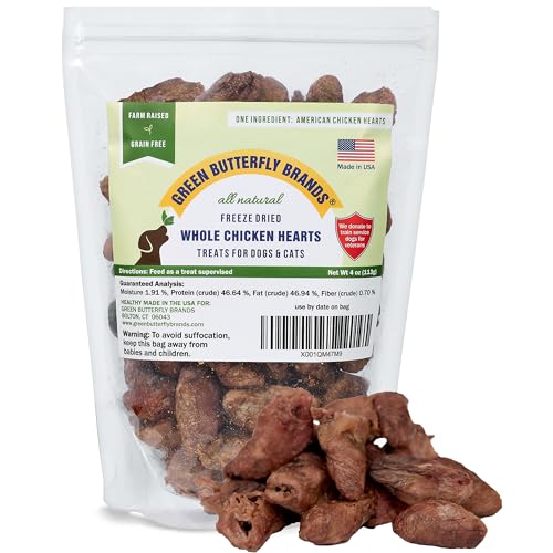 Green Butterfly Brands Freeze Dried Chicken Heart Dog Treats Made In USA. All Natural Freeze-Dried Raw Snacks for Dogs and Cats. One Ingredient. High Protein. Heart Health. Irresistible Training Treat
