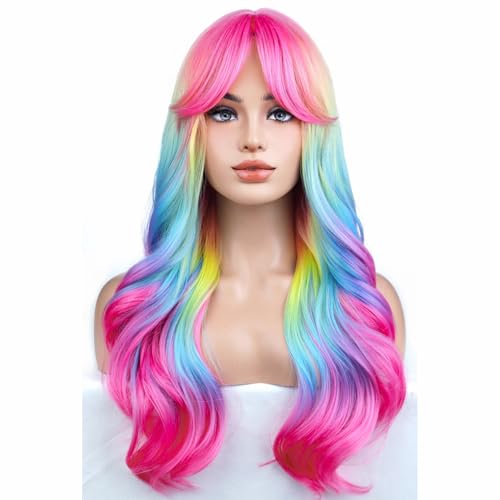 BERON Rainbow Ombre Wigs Long Wavy Wig for Women with Bangs Color...