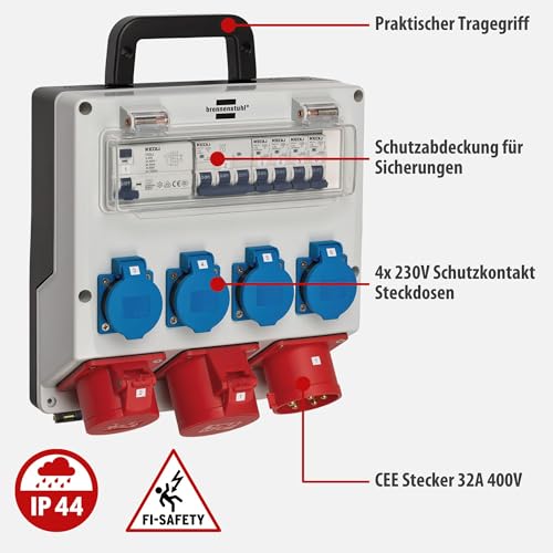 Brennenstuhl Wandverteiler IP44 (Stromverteiler zur Wandbefestigung 32A, mit FI-Personenschutzschalter 30mA)