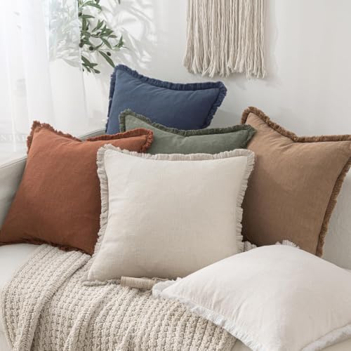 Image of MIULEE Linen Fringe Decorative Euro Throw Pillow Covers Indigo Blue 22x22