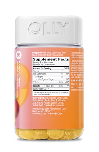 Image of OLLY Probiotic Gummy, Immune and Digestive Support, 1 Billion CFUs, Chewable Probiotic Supplement, Mango, 60 Day Supply - 120 Count