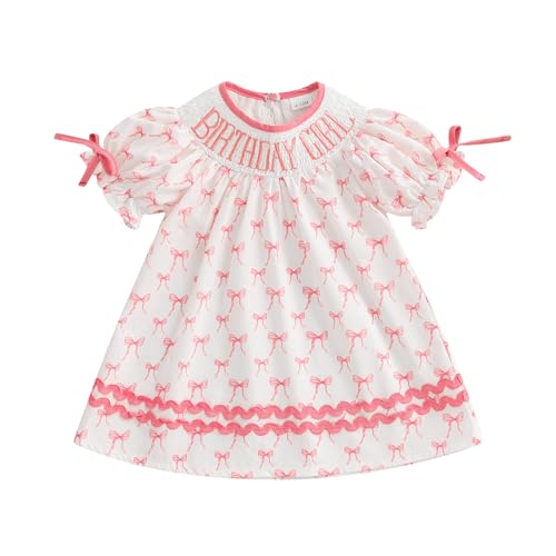 Lamuusaa Toddler Baby Girl Birthday Outfit Birthday Girl Smocked Embroidery Dress Bow Print Playwear Summer Clothes