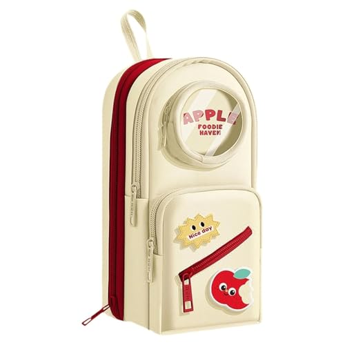 Image of Canvas School Bag Pencil Case, 3 Layer 6 Compartment Large Capacity, Aesthetic Pencil Pouch for Stationary, Cute Stationery for Kids, Pencil Case for Girls & Boys (Apple Foodie - Cream)