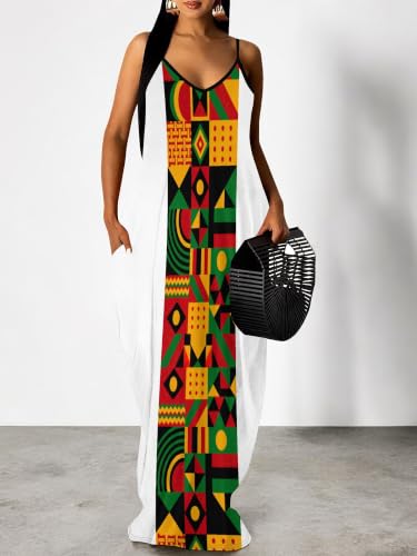 Image of Women's Summer Maxi Dress Spaghetti Strap Floral Boho Beach Long Sundress with Pockets