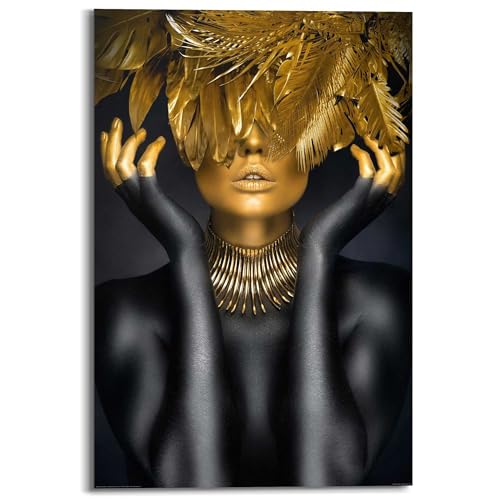 REINDERS Wandbild, Golden Feathers, Wohnzimmer, Bilder, Wanddeko, Room Decor, MDF, Gold, 90 x 60