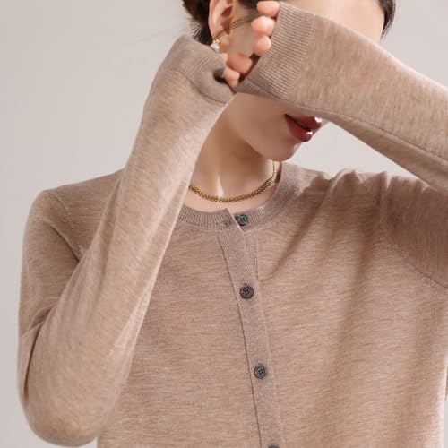 Image of Women's 100% Merino Wool Crew Neck Cardigan Sweater Top Long Sleeve Button Down 2025