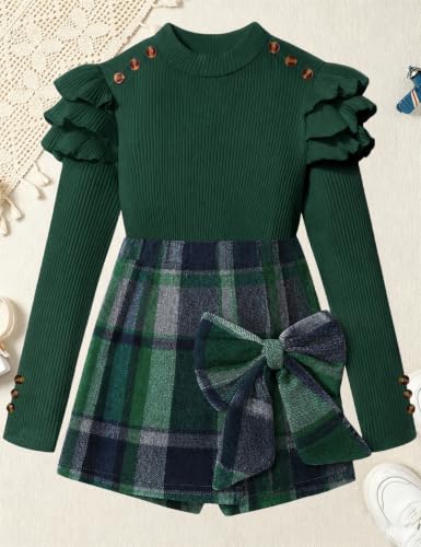 Image of Girls Clothes 2 Piece Ruffle Long Sleeve Shirt Top and Bow Plaid Skirt Set Girls Fall Winter Outfits 6-16 Years