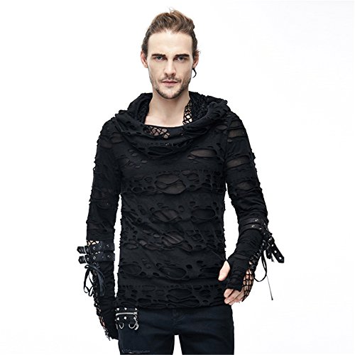 Gothic Hole Men Hoodie T Shirt Long Sleeve Spring Autumn Punk Mens Hooded Tee Tops (XL, Black)