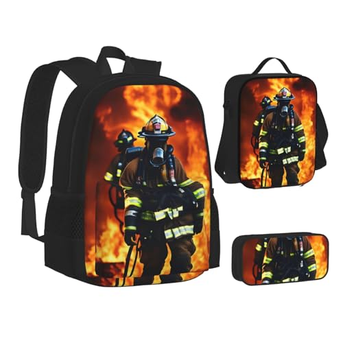 Firefighter Fireman Flame print Backpack with Lunch Box, Set of 3 Backpacks Matching Combo, Lightweight Pencil Case, Black2