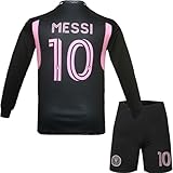 Kompatibel mit Lionel Messi NIHMEX Miami Messi #10 2023/2024 Auswärts Kinder Langarm Trikot Fußball Neu Saison, Shorts Jugendgrößen (Schwarz,28)
