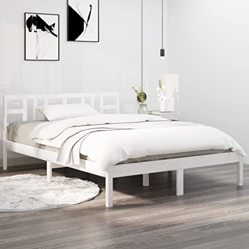 vidaXL Modern Double Bed Frame | Solid Pinewood and Plywood-Slat Material | Comfortable Headboard | Ample 120x200 cm Mattress Space | White