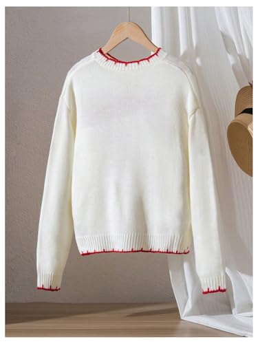 Image of RoseSeek Girl's Bow Graphic Sweaters Crewneck Long Sleeve Knit Pullover Tops Drop Shoulder Knitwear