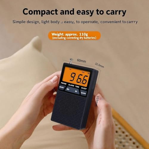AM FM Pocket Radio,Mini Portable Radio, Battery Operated by 2 AA Batteries with Stereo Earphone, Large Digital Display, Time Display, Digtal Alarm Clock (Black)