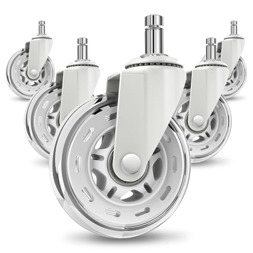 COSYLAND Office Chair Castors - Set of 5 Replacement Rubber Wheels - Heavy-Duty Rollers for Office Chair Noise Free Fits 98% Chairs for All Floors (White)