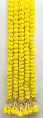 Image of Sphinx Artificial Marigold Fluffy Flowers Garlands for Decoration - Pack of 5 (Clustered Yellow Marigolds, offwhite tuberoses with Bells)