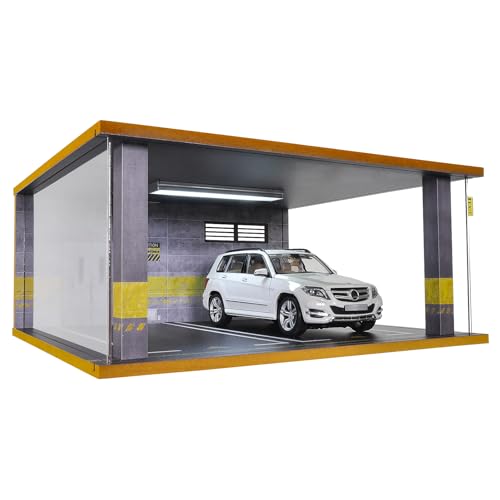 cxiiuui 1/18 Scale Display Case Wooden Car Garage Moldel with LED Light and Acrylic Cover Diecast Car Show Case 2 Parking Spaces Dark Grey