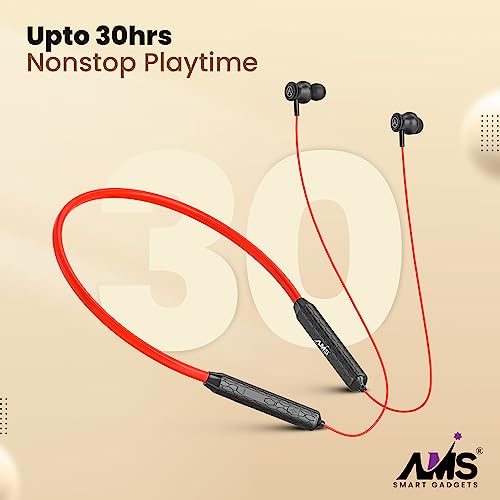 Image of AMS Football Series NB-26 Wireless Earphones Bluetooth Neckband Upto 30 hrs Playtime, in-Ear Wireless Headphones with Mic & Deep Bass, Clear Calls, Magnetic Earbud & Fast Charging-(Red)
