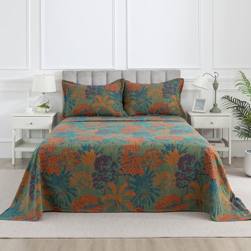 Image of Forest Green Muslin Sheet Set King Size, Shabby Leaf Pattern Chic Neutral Tropical Soft Bed Sheets, Luxury Designer Bedding, Palm Tree Deep Pocket Fitted Sheet, 100% Washed Cotton, 4Pcs