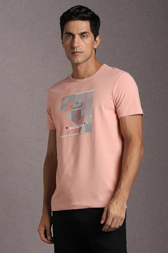 Image of Louis Philippe Men's Slim Fit Jersey Half Sleeve Crew Neck Tshirt with Stretch Graphic Print Brand Carrier on Chest