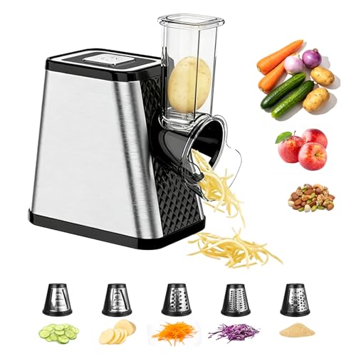 Cortador de Verdura, Cortador de Verduras Eléctrico 5 en 1 con 5 Cuchillas de Acero Inoxidable Rallador de Verduras Multifuncional de 800 W para Queso Duro Zanahorias Pepinos Patatas Repollo