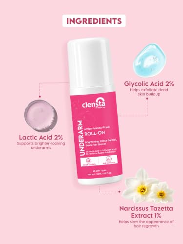 Image of Clensta Amber Vanillic Floral Underarm Roll-On For Women & Men | Controls Body Odour | Helps Brighten Dark Underarms | Reduces Hair Regrowth | Long-Lasting Floral Fragrance | Non-Sticky Formula | 50 ml
