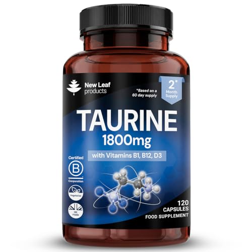 Taurine Supplement - High Strength 1800mg Capsules Enriched with Vitamins B1 B12 & Vitamin D3-120 Amino Acids Capsules - Vegetarian Made in The UK by New Leaf