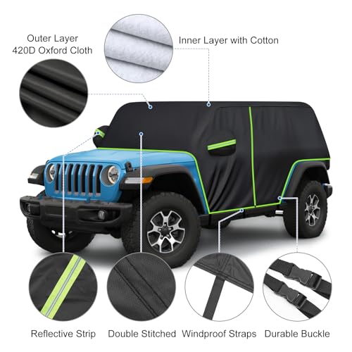 Image of Cab Car Cover for Jeep Wrangler JK JL 4 Door Rain Cover with 420D Oxford, Full Door Car Covers Waterproof All Weather Sun Rain UV Protection Wrangler 4 /2 Door with Hardtop