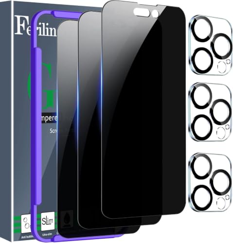 Image of Ferilinso Privacy Screen Protector for iPhone 14 Pro, Tempered Glass | 3 Pack, 9H+ Hardness, Military-Grade Shatterproof, Case Friendly, Easy Installation Bubble Free, with Camera Lens Protectors