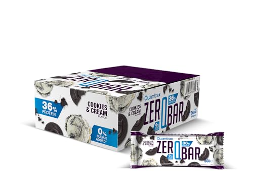 Quamtrax Nutrition - Zero QBar 60g x 12 uds - Bar Cookies & Cream - Alto en proteínas, sin azúcares añadidos y sabor delicioso