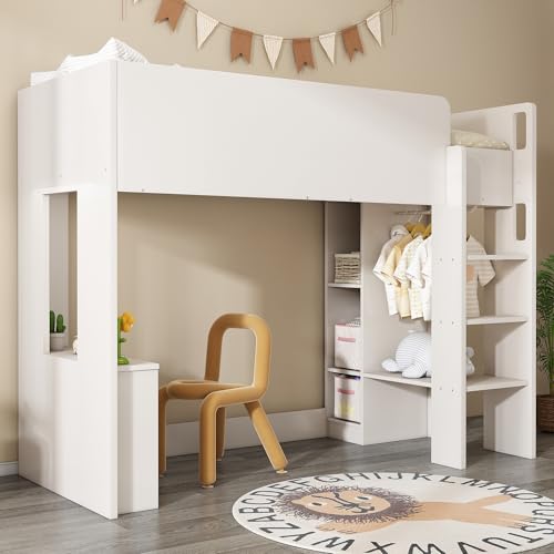 Merax Kinderbett Hochbett 90x200cm, Etagenbett mit Ablagefach, Kleiderschrank, Kleiner Schreibtisch, Platzsparendes Stockbett mit Lattenrost, Treppe, Rausfallschutz, Vielseitiges Jugendhochbett, Weiß Merax Kinderbett Hochbett 90x200cm, Etagenbett mit Ablagefach, Kleiderschrank, Kleiner Schreibtisch, Platzsparendes Stockbett mit Lattenrost, Treppe, Rausfallschutz, Vielseitiges Jugendhochbett, Weiß