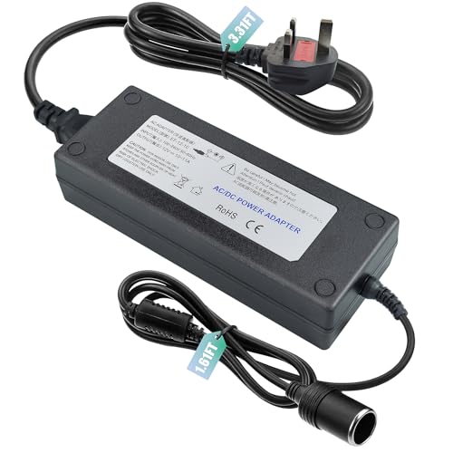220V to 12V Adapter 10A 120W - UK 3-Pin Plug AC to DC Car Power Converter Cigarette Lighter Socket for Vehicle Refrigerator Tire Inflator Automotive Vacuum & Road Trip/Home Use
