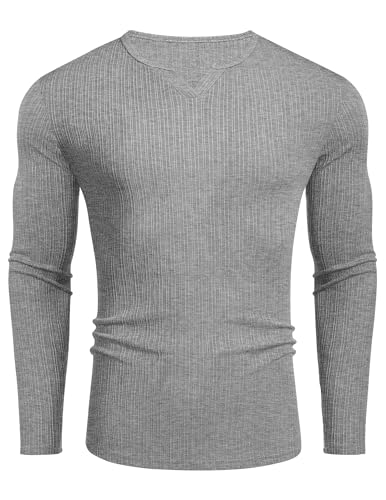 COOFANDY Camiseta de manga larga acanalada para hombre, camiseta de manga larga con textura, ocio casual, Gris Claro Blanco, L