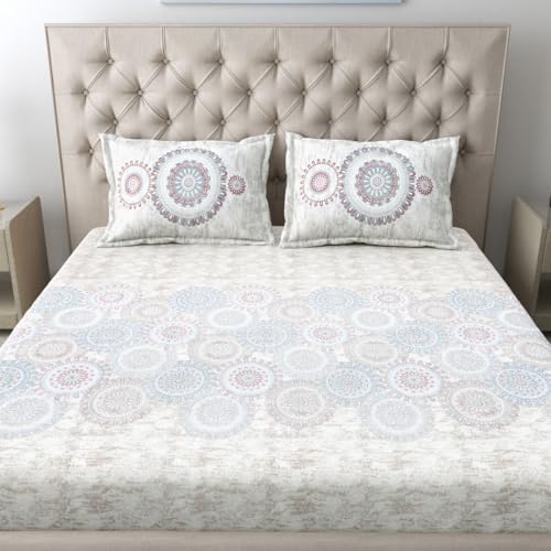 Image of Mafatlal 186 TC Spring Glory King Size Cotton Bedsheet | 274 x 274 cm | Summer Relaxing Bedding Fabric for Relaxing Sleep | Premium Bedsheet Set with 2 Pillow Covers | Ivory Beige