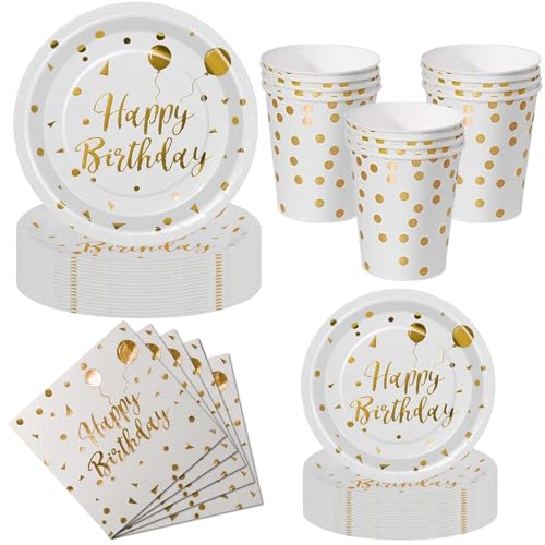 Nkaiso Kit Vaisselle Jetable Anniversaire 50 Pièces Blanc Or - 10 Assiettes Plates, 10 Assiettes Dessert, 10 Gobelets, 20 Serviettes - Pour Decoration...