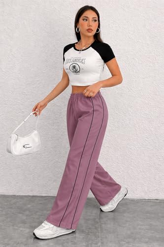 Image of Women Casual Loose Fit Track Pants High Waist Elastic Waistband Straight Wide Leg Trousers with Side Piping, Gym Yoga Running Athletic Sweatpants Comfortable