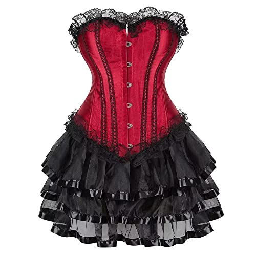 Jutrisujo Jupe Corset Femme Bustier Robe Sexy Dentelle Floral Guêpière Lingerie Grande Taille Burlesque Vin Rouge S