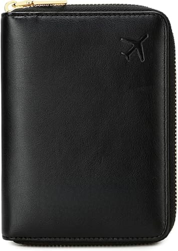 Genuine Leather Wallet Unisex Zipper Passport Holder RFID Blocking Waterproof - Vintage Travel Wallet (Black)