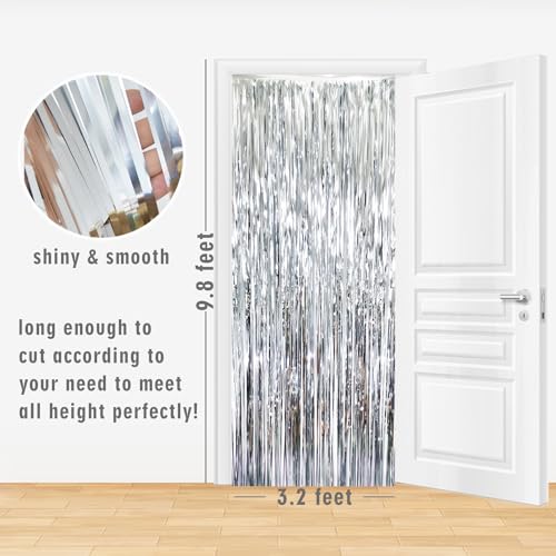 GOER 3.2 ft x 8.2 ft Metallic Tinsel Foil Fringe Curtains,Party Streamer Backdrop for Birthday,Graduation Decorations and New Year Eve (Silver,2 Packs)