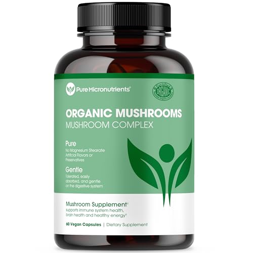 Pure Micronutrients Organic Mushroom Supplement - Lions Mane, Reishi, Chaga, Cordyceps & Turkey Tail Complex - Immune Support, Nootropic Brain Memory, Focus & Energy Pills - 60 Vegan, USA Grown