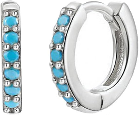 Dainty Turquoise Blue CZ Tiny Small Mini Hoop Earrings 925 Sterling Silver Post for Cartilage Tragus Pierced Sleeper Cuff Women 2nd Hole Round Hinged Huggie Hoops Fashion Jewelry Gifts Hypoallergenic Gifts Bff Daughter Xmas 7mm