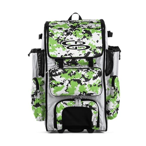 Boombah Rolling Superpack Baseball/Softball Gear Bag - 23-1/2" x 13-1/2" x 9-1/2" - Digital Camo White/Lime Green - Telescopic Handle - Holds 4 Bats - Wheeled Version