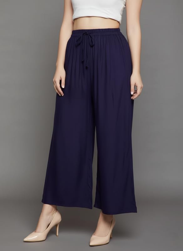 Image of Super Soft Viscose Rayon Flared Palazzo Pants for Women Stylish Wide Leg Straight Relaxed Fit Casual Ethnic Office Wear