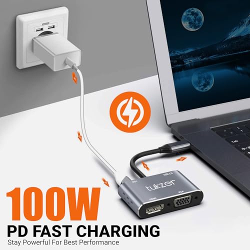 Image of Tukzer 4-in-1 Type-C Hub to HDMI 4K@30Hz, VGA 1080P@60Hz, USB 3.0 Data, 100W PD, MultiPort Adapter Compatible with MacBook Pro Air iPad, Dell, Samsung Galaxy & Other Type-C Device