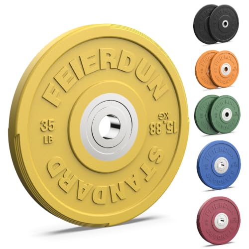 Image of FEIERDUN Color Bumper Plate Set, 2-Inch Olympic Weight Plates, Low Bounce Rubber Barbell Plates with Stainless Steel Insert for Weightlifting, Strength Training, CrossFit & Home Gym, 10LB-370LB