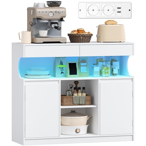 Hzuaneri Meuble Cuisine, Buffet, avec Multiprise et Éclairage LED, Meuble de Rangement, 2 Tiroirs et 2 Portes, Placard, Étagères Réglables, Cuisine, Salon,...
