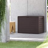 FineHome Arcón de plástico de 190 litros, para jardín, con aspecto de madera, impermeable, marrón