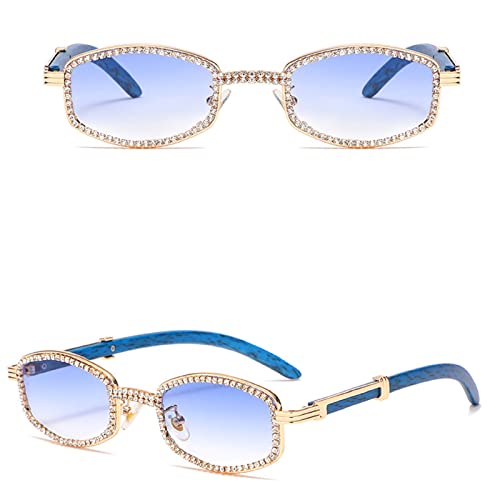 Diamond Square Sunglasses for Men and Women, Luxury Designer Wood Frame Rhinestone Punk Goggle Glasses UV4002