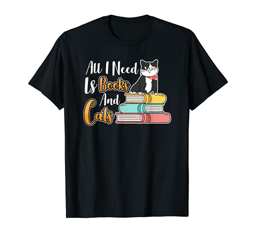 All I Need Is Books And Cats Cute Bookworm Cat Reading Maglietta