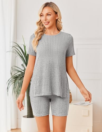 Image of Ekouaer Maternity Sets 2 Piece Outfits Ribbed Knit Short Sleeve Shirts and Biker Shorts Pregnancy Loungewear Mama Clothes