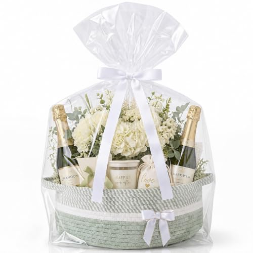 Image of Colingmill 1 Set Woven Basket for Gift Empty with Cellophane Wrap Set 14 x 10 x 5.5 Inch, Medium Decorative Gift Basket Empty to Fill, Cotton Rope Storage Box Decor (Sage Green White)